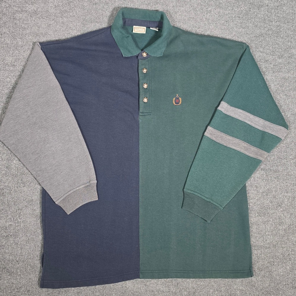 Vintage Bugle Boy Colorblock Long Sleeve Polo Shirt XL Navy Green Grey Rugby